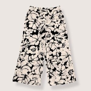 Tahari Pants Women Large Black Ivory Floral Wide Leg Flowy Elastic Waist NEW
